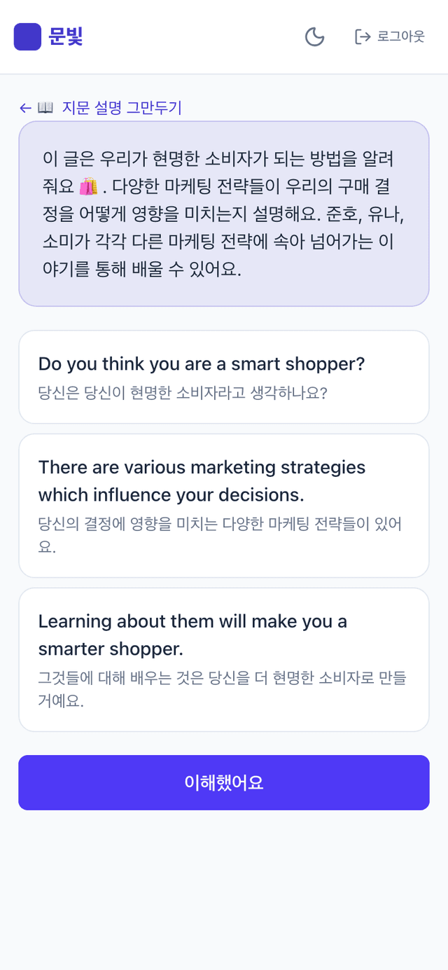 문빛 플로우 지문 설명 — 영어 문장을 한국어로 풀이