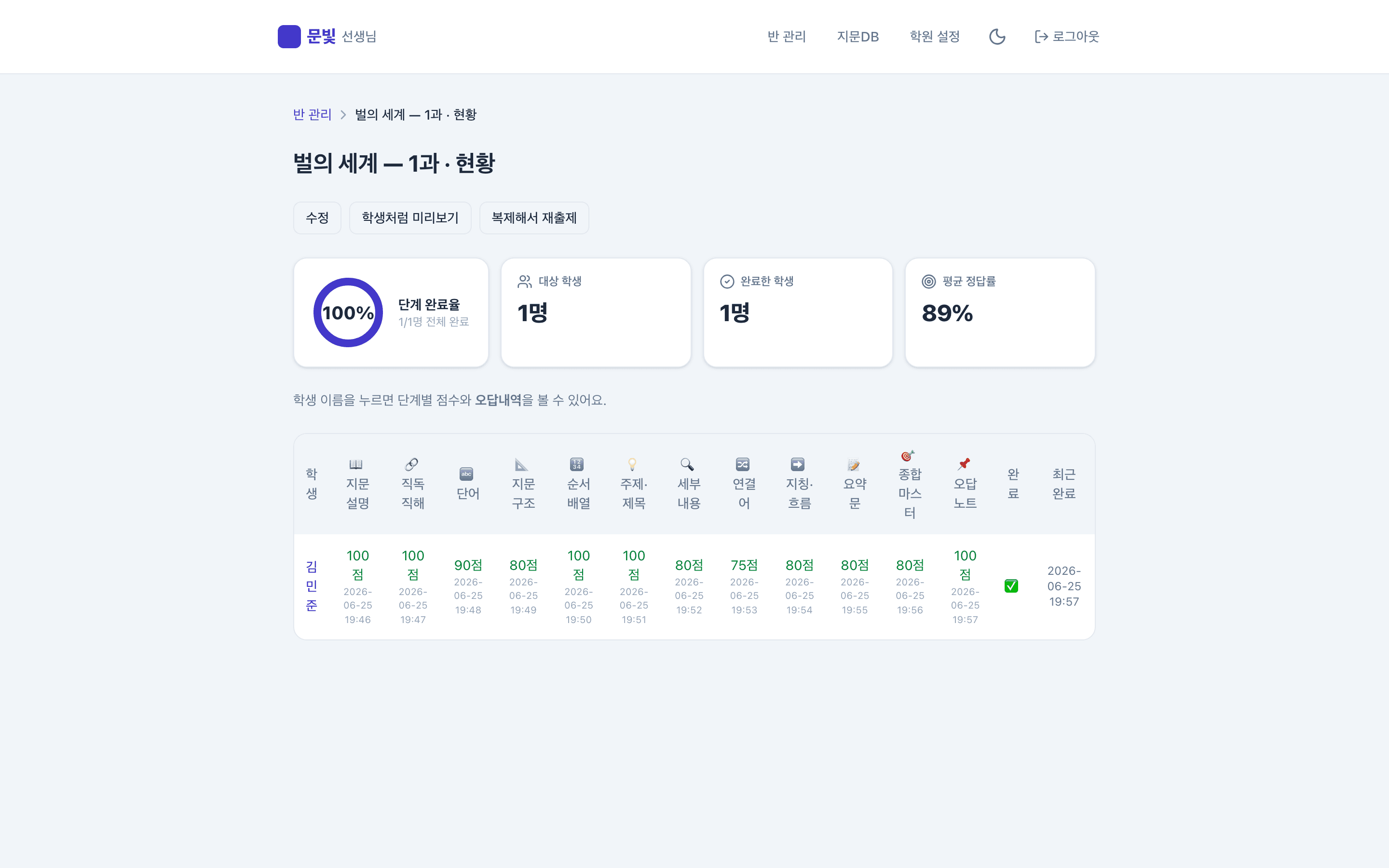 문빛 플로우 과제 출제·현황 화면